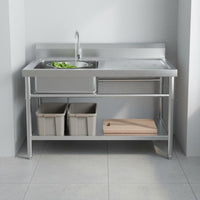 Rust-Resistant Stainless Steel Prep Table with Sink Heavy Duty Stainless Steel Workstation Sink Multi-Functional Anti-Clog Drain for Chefs