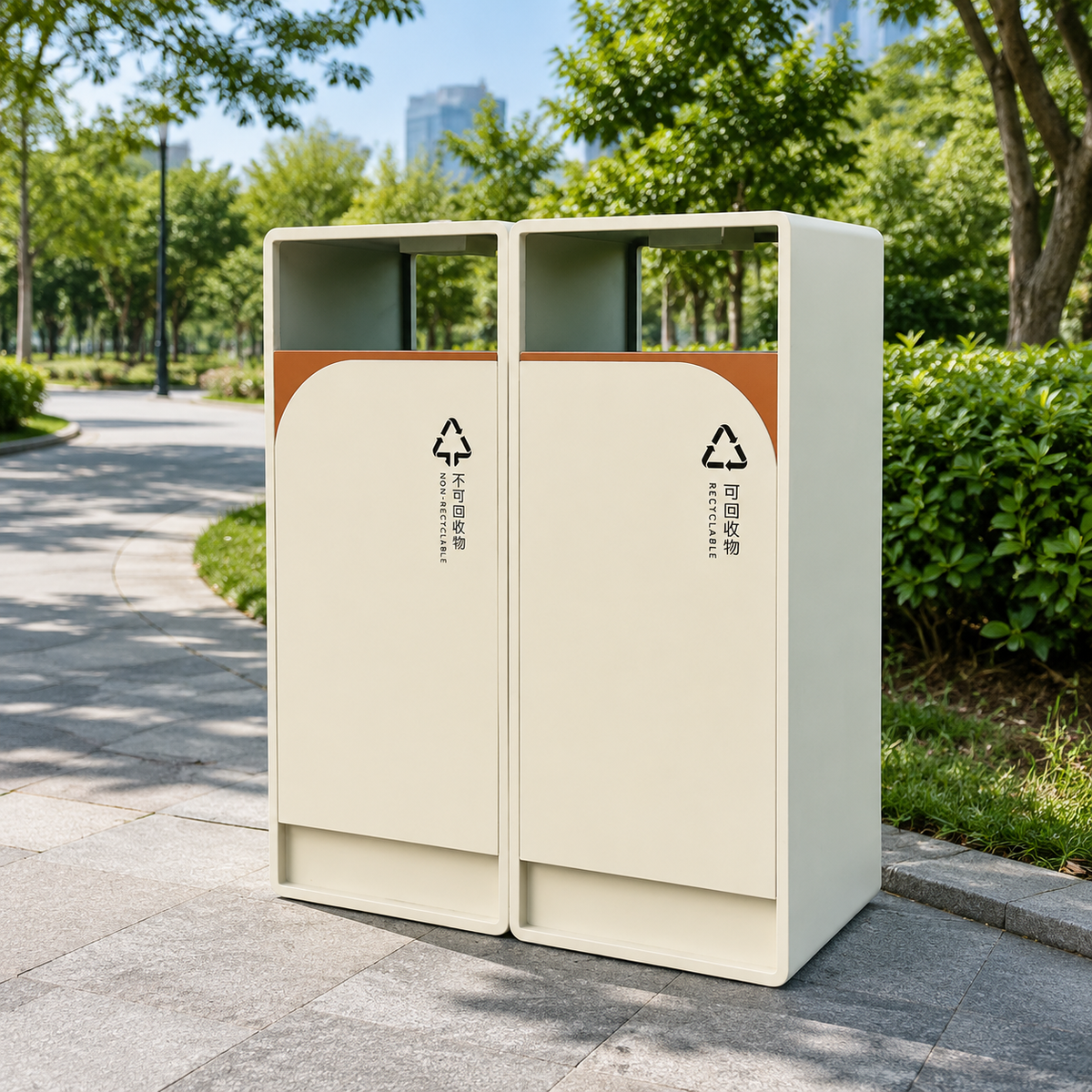 Sorting Waste Bin, Public Recycling Bin, Freestanding Outdoor Litter Bin, Brushed Stainless Steel, 0.8 mm Thick