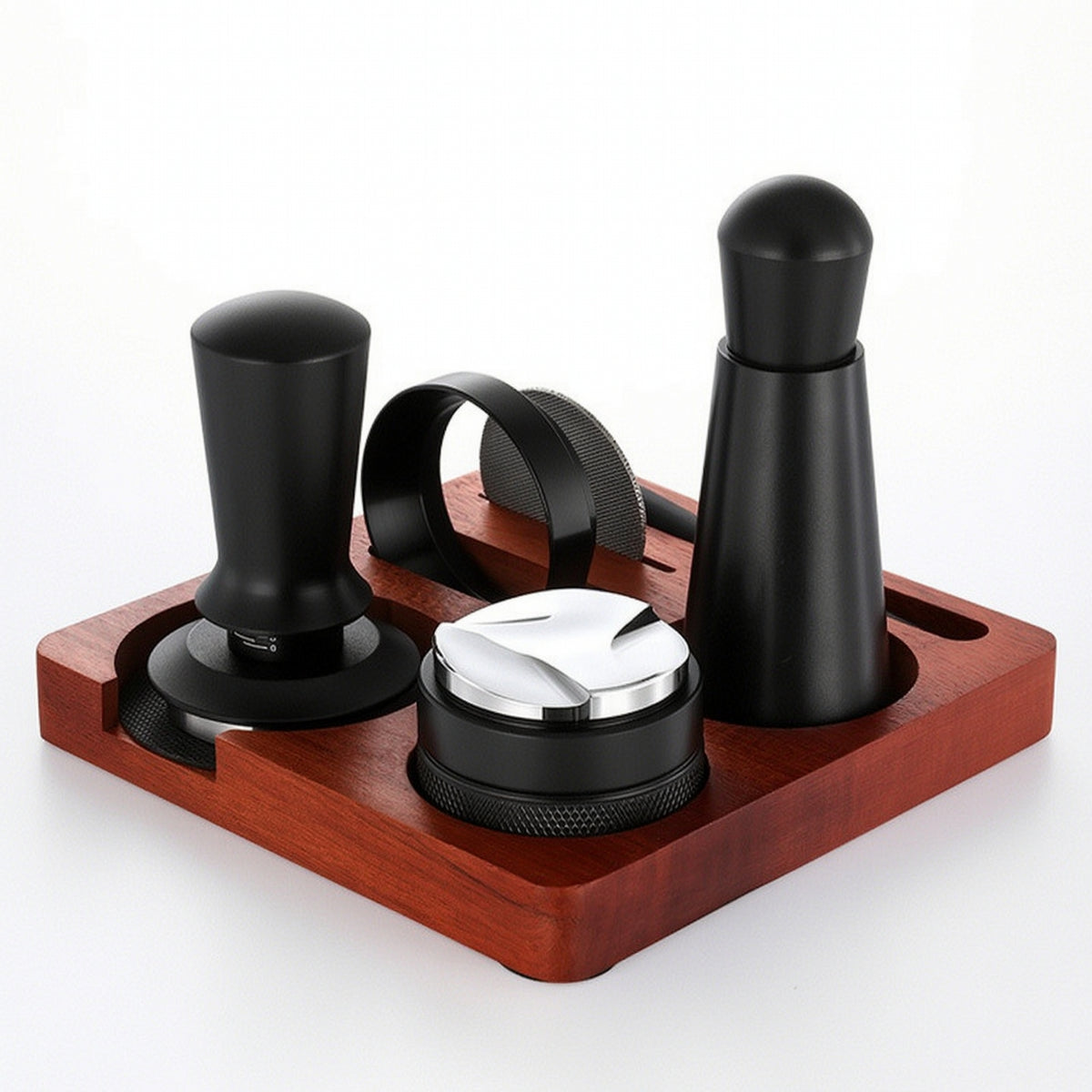 7 Pieces Wooden Espresso Tamping Station Solid Tamping Base with Slots Square Coffee Tool Storage Block Anti-Slip for Home Kitchen