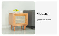 Nordic aesthetic Single-Drawer Woven Table minimalist contemporary Design Nightstand Rattan Weave Accent Bedside Cabinet Natural Wood Finish for Boho Decor lovers, Apartment Dwellers, Homeowners, Small Spaces, Dorm Room, Hallway, Office