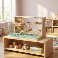 Large Hamster Cage with Wood and Acrylic, Transparent Multi-Level Syrian Habitat for Indoor Use, Luxury Rectangular Dwarf Acrylic Hamster Cage