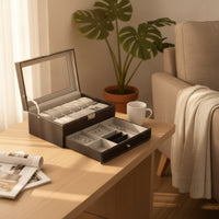 Two-Tier Watch Box with Drawer Compartmented Jewelry Box with Glass Lid Rectangular Watch Display Case with Glass Lid Padded for Dresser, Vanity Table