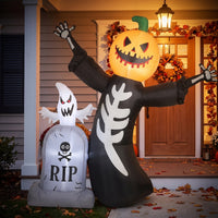 2 Pieces Spooky Inflatable Skeleton with Pumpkin Head Outdoor Inflatable Tombstone with Ghost Self-Standing Halloween Inflatables Lawn for Porch