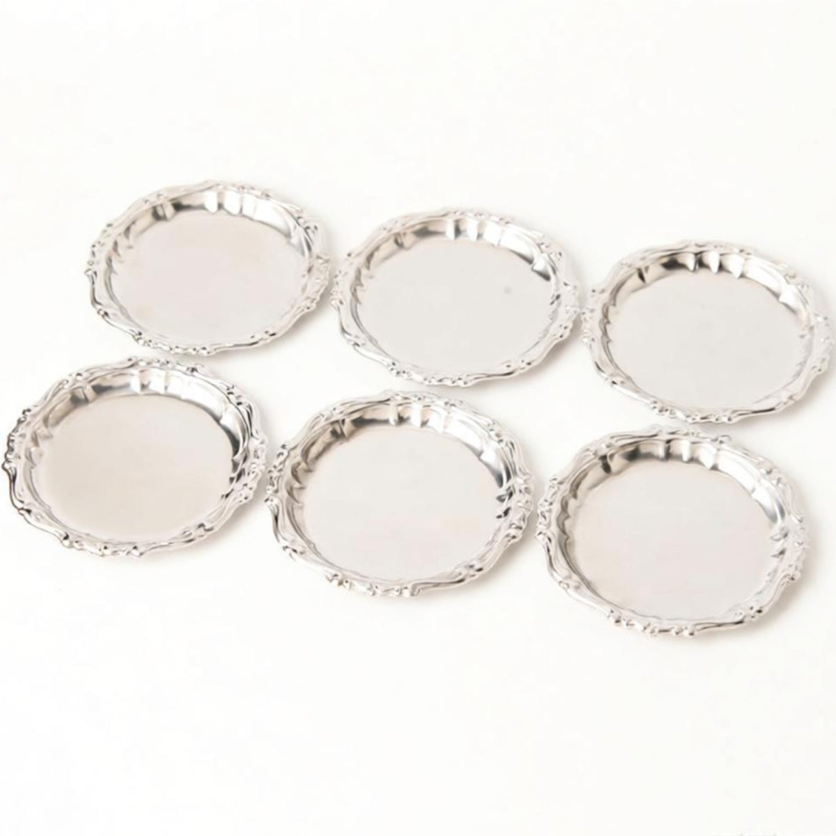 6 Pieces Coaster with Raised boarder Polished Metal Cup Tray Heat Resistant Coasters for Tabletop, Dining Beverage Presentation, Home Entertaining
