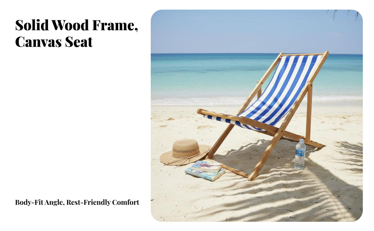 Foldable Design Folding Beach Chair Solid Wood Frame Wooden Sling Chair Sturdy Canvas Portable Sun Lounger Heavy Duty for Sunbathers, Beachgoers, Balcony, Camping, Garden, Poolside