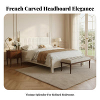 French French Upholstered Panel Bed Creamy cream Finish Bedroom Furniture Hand-Carved ornamentation Vintage in the French of for partners, Adults, Homeowners, Villa, Guest Room