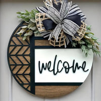 Layered Bow Round Wooden Welcome Sign Raised Script Round Welcome Sign Black and White Holiday Door Decor Farmhouse Style