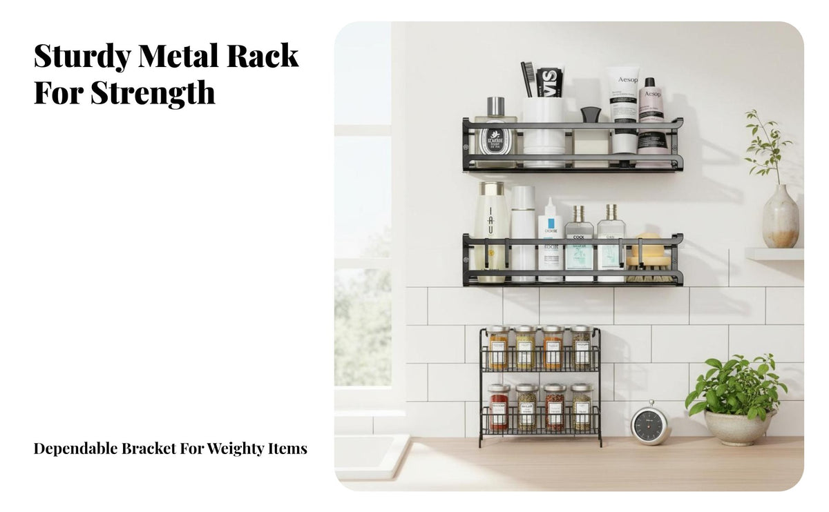 No-Drill Installation Wall-Mounted Seasoning Rack Multifunctional Multi-Tier Seasoning Rack Raised Guardrail Kitchen Organizer Easy to Clean for Home Cooks, Apartment Dwellers, Homeowners, Cabinet Door, Pantry, Bathroom