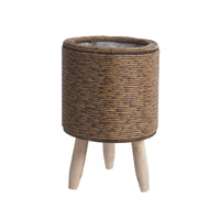 Wooden Legs Rattan Planter Clear Liner Wood Leg Planter Tabletop Wicker Plant Basket Decorative