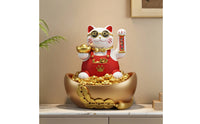 Auspicious Cat Figurine with Raised Paw Gold-Toned with Bowl Welcoming Ornament for Business Owners, Homeowners, Cashier Desk