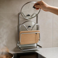 Stainless Steel Wall-Mounted Pot Lid Holder with Chopping Board Rack, Punch-Free Kitchen Organizer