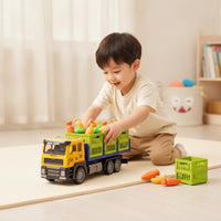 Inertia-Style Transport Truck with Play Food Alloy Toy Truck with Cargo Bed Authentic Vehicle Set Friction-Powered for Children, Toddlers, Playroom