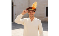 Feathered Medieval Hat Feather Accent Historical Muffin Cap Jeweled Detail Prince Costume Hat for Cosplayers, Actors, Stage Performances