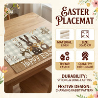 4 Piece Easter Placemats with Rustic Bunny & Gingham Print, Heat Resistant Linen Table Mats, Washable Dining Room Decor for Spring Parties, Seasonal Home & Kitchen