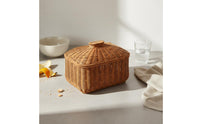 Multi-Purpose Rattan Design Storage Basket with Lid Handwoven Imitation Rattan Lidded Bin Long-Lasting Construction for Kitchen, Bedroom