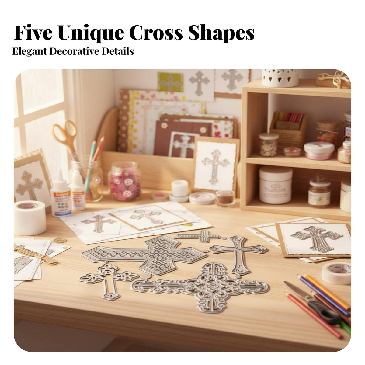 5 Pieces Cross Cutting Die Set Carbon Steel Cross Shape Craft Die Intricate Crafted Metal Cutting Dies for Crafters, Seasonal Crafts