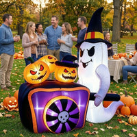 Bright Ghost Inflatable with Pumpkin Carriage Freestanding Halloween Inflatable with Witch Hat Festive Yard Decoration Cute for Lawn
