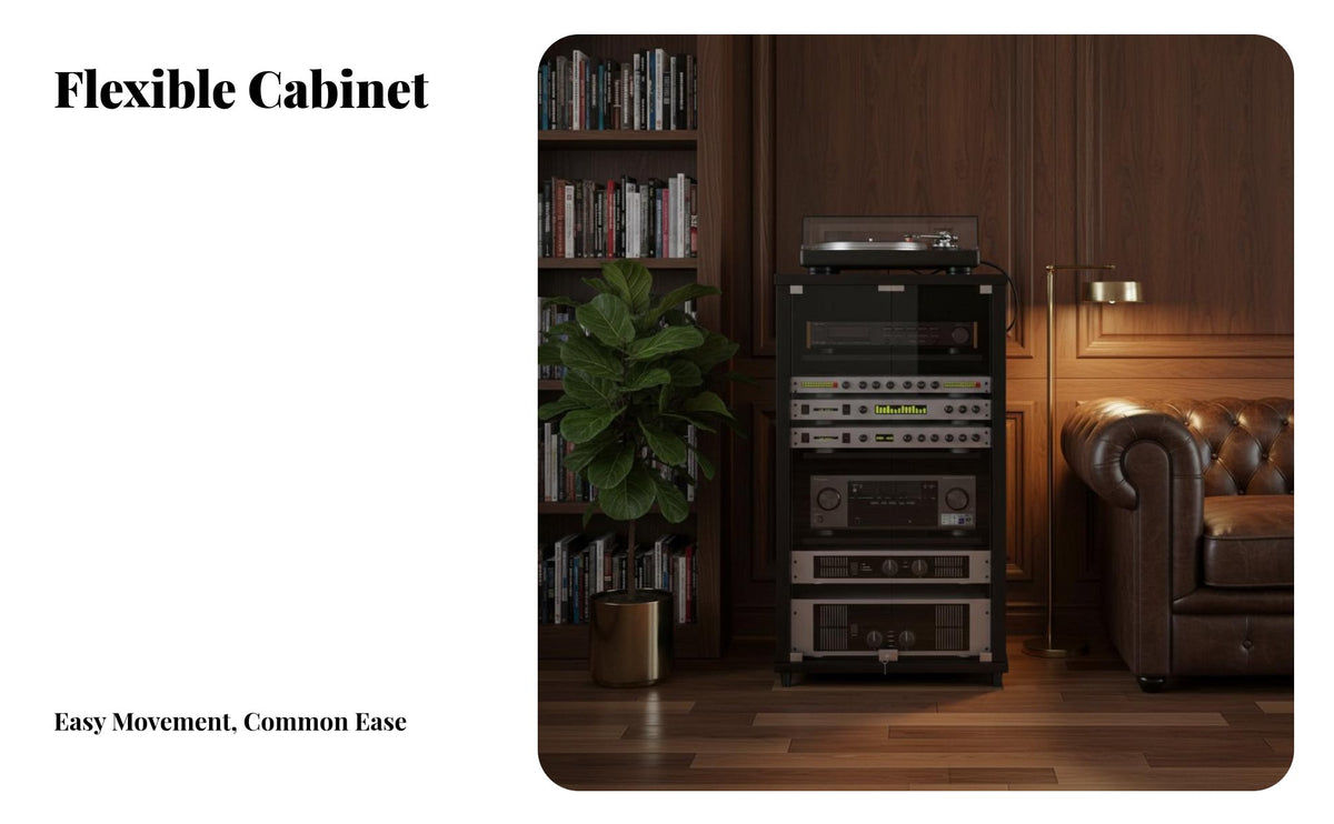 Mobile with casters Multi-Tier Compsinglent Tower sturdyDuty Construction Multi-Tier Compsinglent Shelf Open-Air Shelving Audio Rack Wobblestable Stability for Home Theater aficionados, Audiophiles, Office Workers, media space, Recording Studio, Bedroom