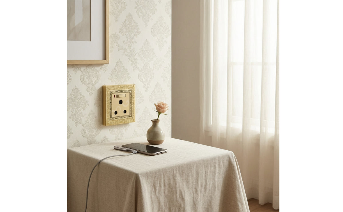 1gang Wall Socket Embossed 15a Socket Panel Hardware Gold-Toned Decorative for Interior Designers, Living Room, Bedroom