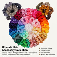 silky Scrunchies 60 Pack for Women, Colorful Set with Ouchless Elastic Ties, Soft Coated Ponytail Holders for Adults Workout