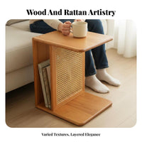 Japanese design Wheeled Woven-Top End Table Mobile Design Sofa Side cart Multi-Functional Nightstand small Size for Homeowners, Apartment Dwellers, Students, Living Room, Bedroom, Entryway, Home Office
