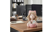 Pink Figurine Pen Holder Sculpted Girl Figurine Organizer Aesthetic Desk Organizer with Container Cartoon for Vanity