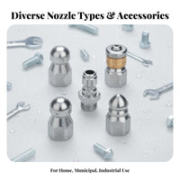 Pressure Washer Sewer Nozzle Stainless Steel Drain Cleaning Nozzle 1 Front 6 Rear Sprays Foam Dispenser Sprayer for Professionals, Car Washing
