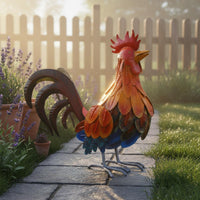Metal Cockerel Statue Handmade Outdoor Cockerel Sculpture Iron Cockerel Figurine Whimsy-Filled Design Colorful Chicken Sculpture