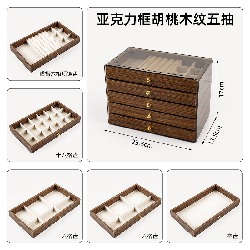 Five-Layer Walnut Jewelry Box with Large Capacity Drawer Organizer