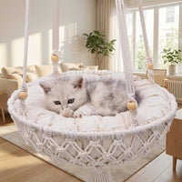 Cat Hammock Hanging Cat Chair with Cushion, Handmade Woven Macrame Basket Pet Cat Bed, Indoor Decor Fringe Suitable for Birman Cats