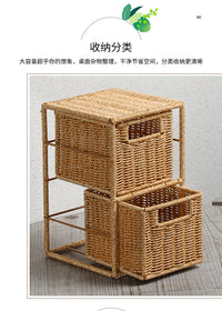 Kens手工仿藤编桌面抽屉式整理柜分格置物架卧室口红化妆品收纳盒 浅咖色大号二层【三抽屉】