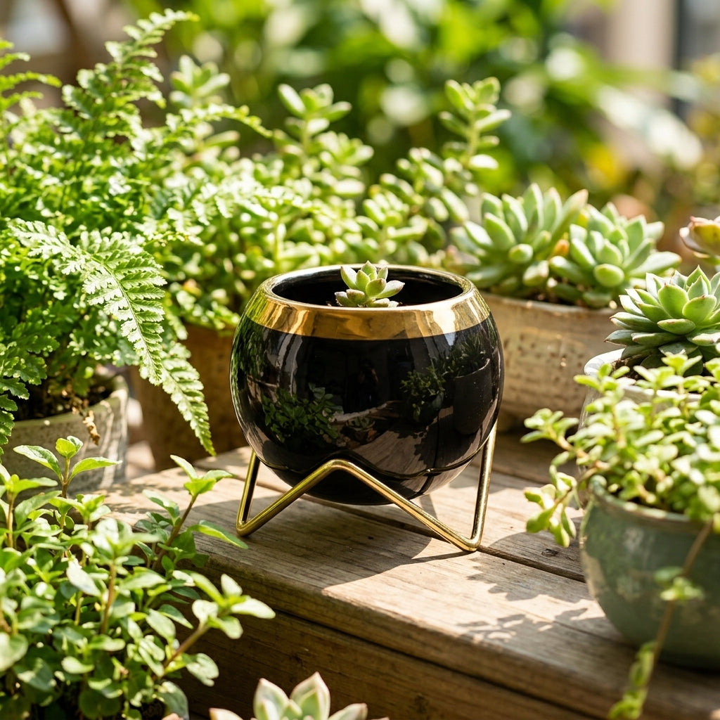 Plant Pots with Metal Stand for Indoor Plants in a Gift Box, Engraved Ceramic Planter Flower Pots for Home Office, Small Gardening Gift for Her