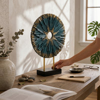 Abstract Desk Sculpture with Base Textured 3D Table Ornament Disk-Shaped Metal Wall Disc Ornament for Shelf, Cabinet