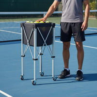 Lightweight Aluminum Frame Folding Tennis Ball Carrier Large Capacity Rolling Tennis Ball Basket Wheels with Brakes Sports Equipment for Training