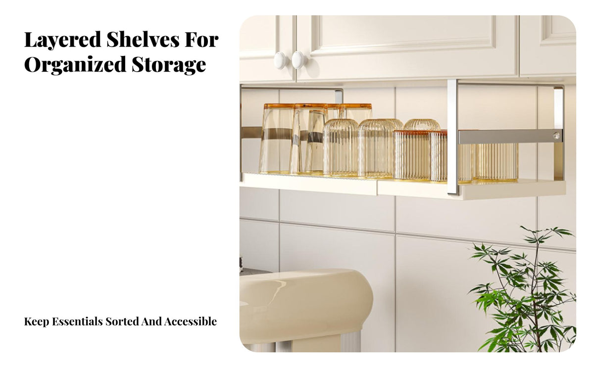 Extendable Hanging Storage-Areasaving Under-Shelf Sliding-in Rack Adjustable Design Cabinet Organizer for Homeowners, Renters, Kitchen, Pantry, Closet