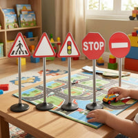 5 Pieces Freestanding Road Sign Models Safety Toy Road Signs with Bases Realistic Toy Traffic Signs Sturdy for Teachers, Toddlers, Playroom