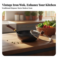 Handmade Cast Iron Wok No Coating Round Bottom Cooking Pot Even Heat Distribution Uncoated Stir Fry Pan for Home Cooks