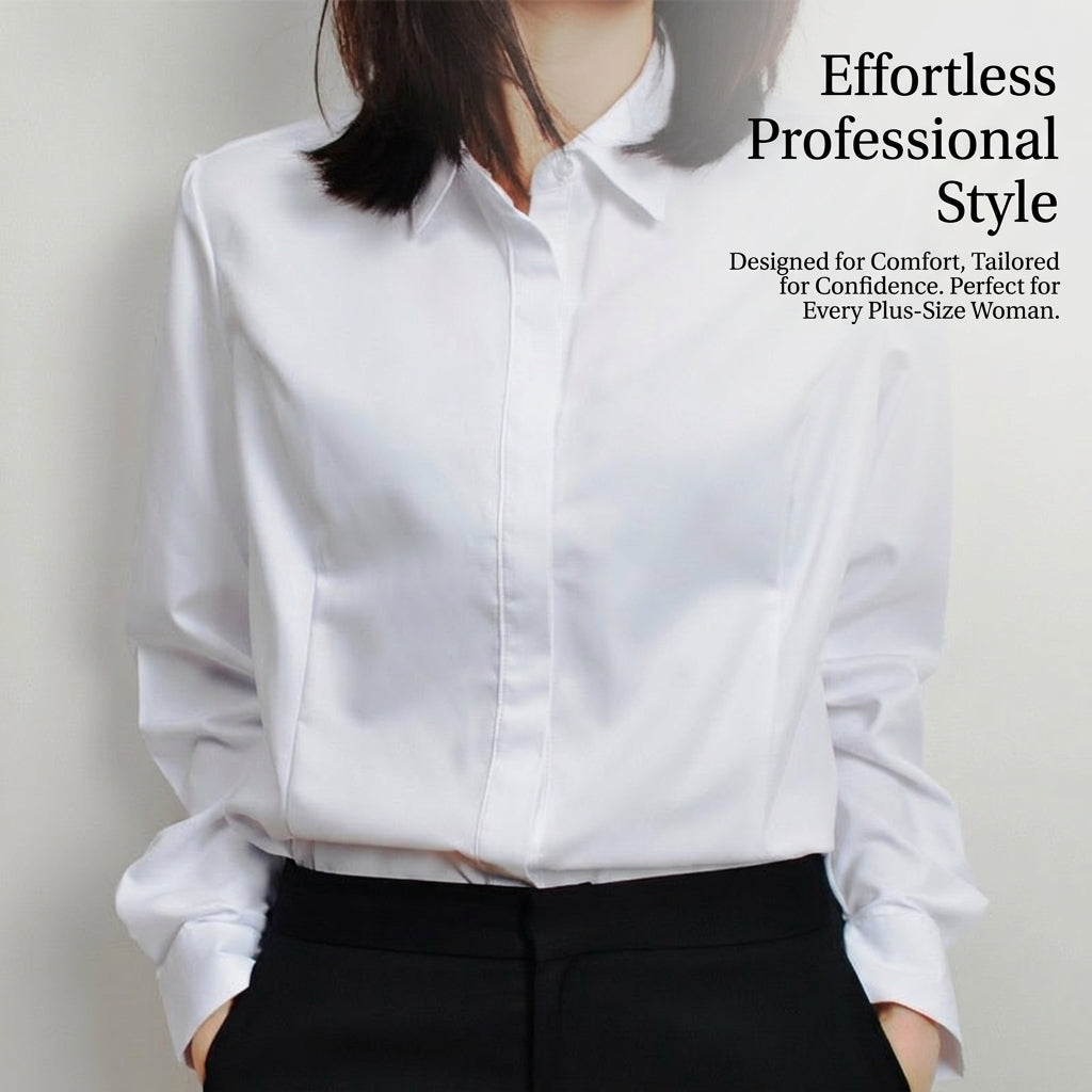 Long Sleeve Shirts for Women with Anti-Gaping Design for Office Work, Plus Size White Blouse, Square Neck Fitted for Business