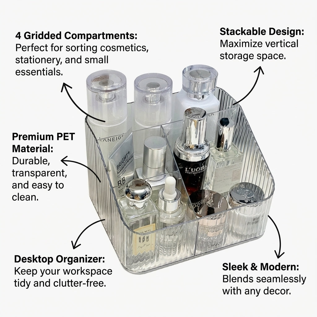 Desk Storage Desktop Organizer, Clear Acrylic Stackable Stationery Holder, for Dorm Room and Bedroom Vanity, Box