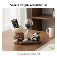Multi-Functional Panda Figurine Sand Timer Creative Design Panda Pen Holder Resin Material for Teachers, Office Workers, Study Room, Bedroom