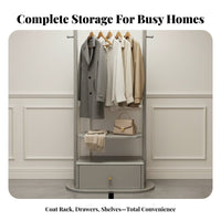 Standal Single Standing Organizer with Hanging Rod and Drawers Space-Saving Hall Tree with Drawer Multi-Functional Bedroom Furniture All-in-Single Organization for Apartment Dwellers, Homeowners, Students, Small Areas, Entryway, Hallway, Dorm Room