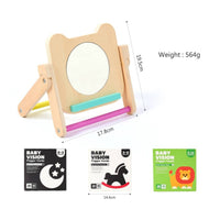 Wooden Mirror with Cards Educational Bear Mirror Toy Foldable Compact for Babies, Tummy Time, Nursery