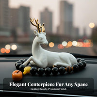 High-End Design Car Dashboard Deer Ornament Jade Porcelain Texture White Deer Figurine Golden Antlers Compact Size for Women, Center Console