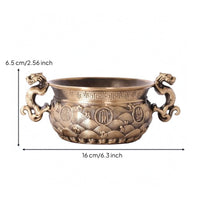 Brass Fortune Bowl Greek Key Border Mythical Lion Handle Bowl Wave Pattern