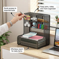 3 Tier Metal Mesh Pen Organiser for Desk, Office Desktop Organizer with Angled Stand, Carbon Steel Workspace Organization