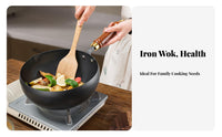 Uncoated Iron Wok Coating Coatingless Wok with Pouring Spout Uncoated Iron Pan Natural Non-Stick Deep Stir-Fry Pan Even Heating