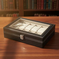 Leather Watch Display Case Velvet-Lined Watch Box with Glass Lid Dustproof Sturdy for Collectors, Dresser, Closet