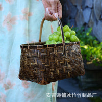 Handwoven Purple Bamboo Storage Basket with Handle