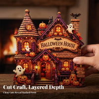 Seasonal Wooden Haunted House Spooky Halloween House Ornament Compact Tabletop Sign for Desk, Shelf, Mantel, Entryway