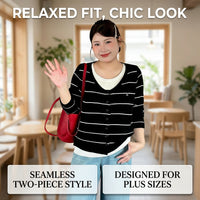 Womens Tops Striped Long Sleeve Round Neck Sweater for Casual Wear, UK Fake Two Piece Design, Plus Size Loose Fit for Leggings